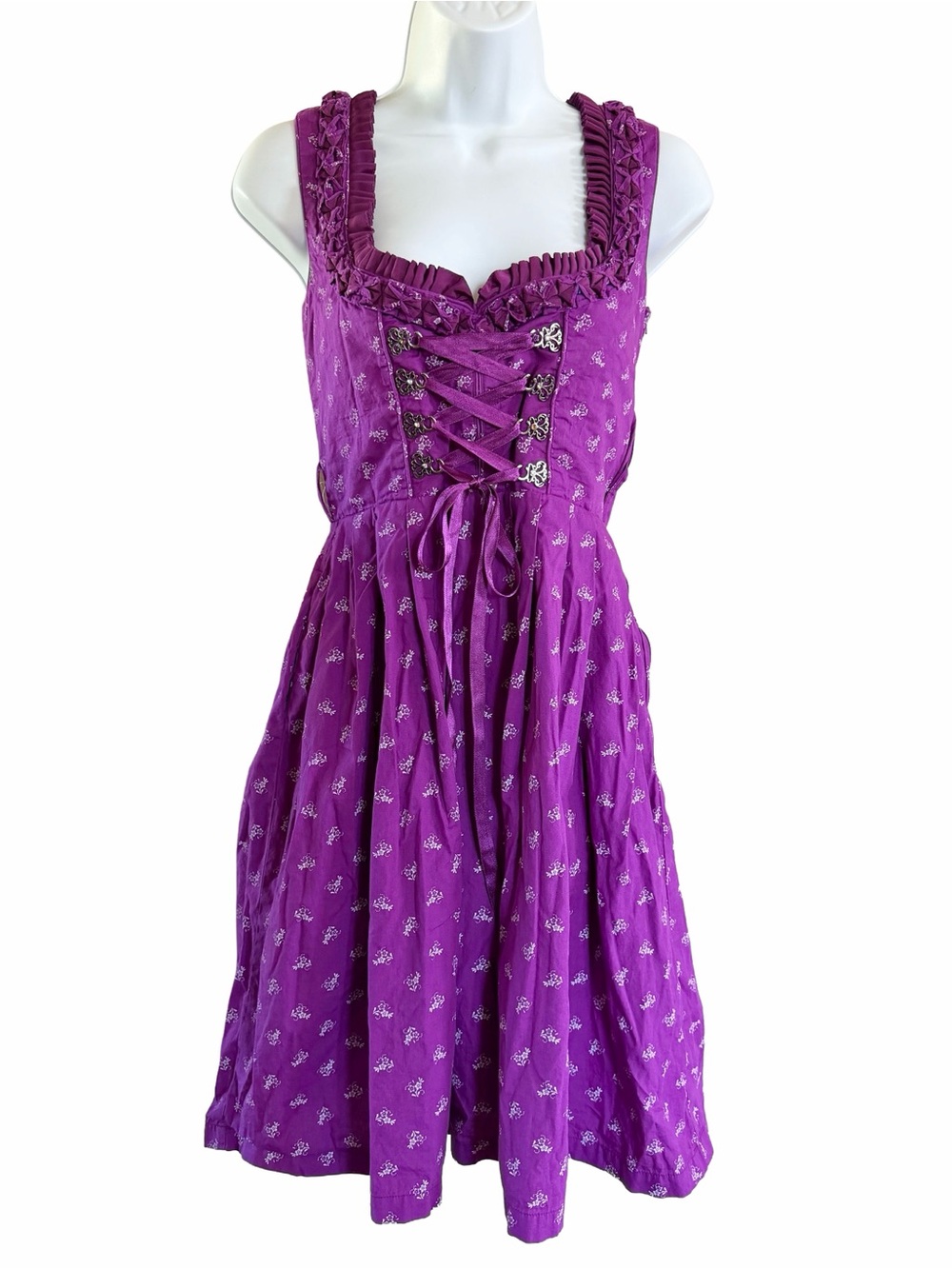 Almenrausch Purple Floral Cotton Dirndl Dress 36 S Oktoberfest Corset Lace Up